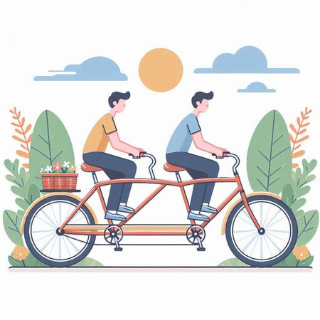 Couple riding a tandem bicycle in the park. Vector illustration.のイラスト素材