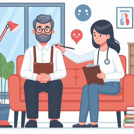 Doctor and patient sitting on sofa and talking. Vector illustration in flat styleのイラスト素材