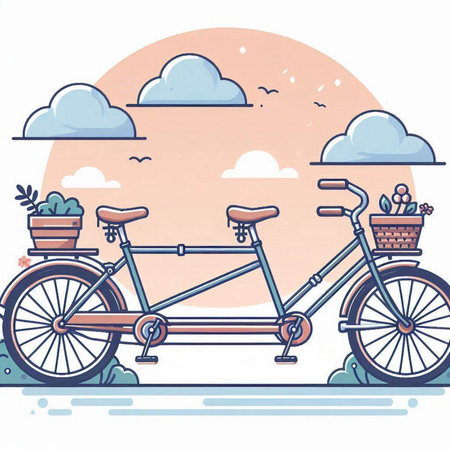 Bicycle with basket of flowers in the park. Vector illustration.のイラスト素材