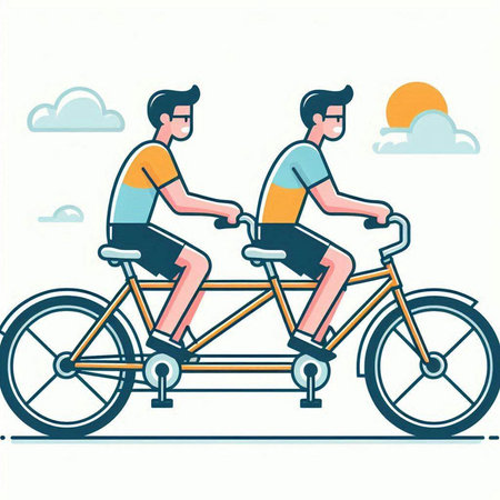 Two young men riding a tandem bicycle. Vector illustration in flat style.のイラスト素材