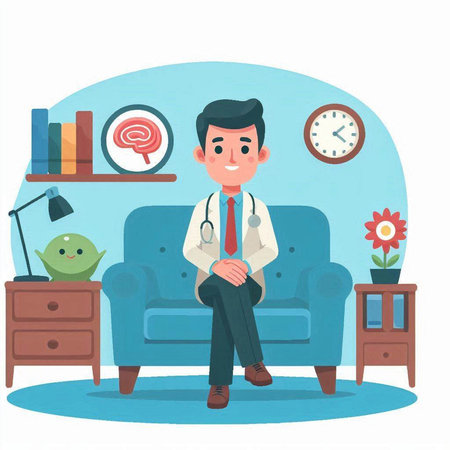 Doctor sitting on sofa in room. Vector illustration in cartoon style.のイラスト素材