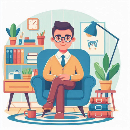 Vector cartoon illustration of businessman sitting in armchair at home office.のイラスト素材