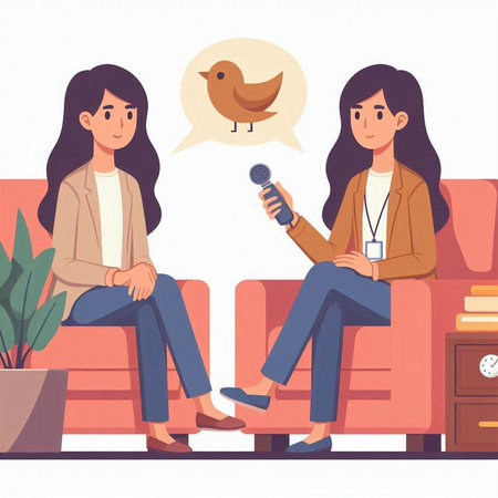 Two women sitting on the couch and talking with a microphone. Vector illustration.のイラスト素材