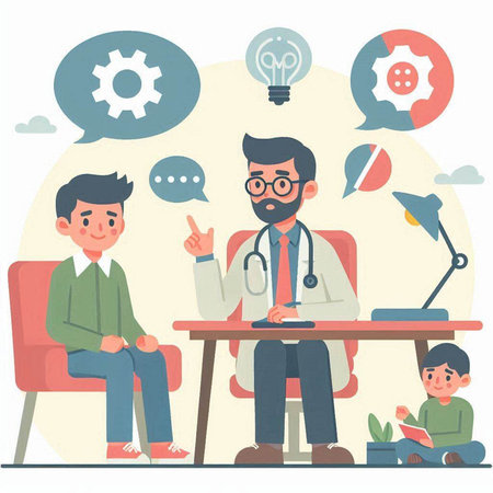 Doctor and patient sitting at table. Vector illustration in flat style.のイラスト素材
