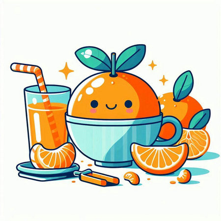 Cute cartoon orange fruit character with a glass of juice. Vector illustration.のイラスト素材