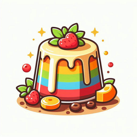 Cute cartoon vector illustration of a rainbow cake with cream and strawberries.のイラスト素材