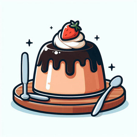 Chocolate pudding with strawberry and spoon on a white background. Vector illustration.のイラスト素材