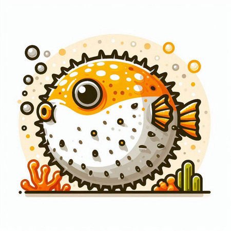 Cute cartoon puffer fish on a white background. Vector illustration.のイラスト素材
