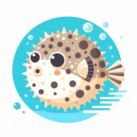 Illustration of Cute Puffer Fish with Bubbles on White Backgroundのイラスト素材