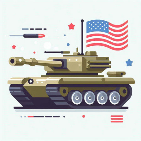 Vector illustration of tank with american flag. Flat style design.のイラスト素材