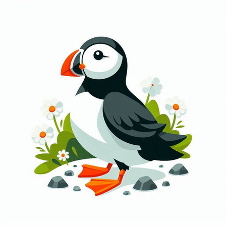 Puffin with flowers on a white background. Vector illustration.のイラスト素材