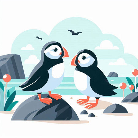Puffins on the beach. Vector illustration in flat style.のイラスト素材