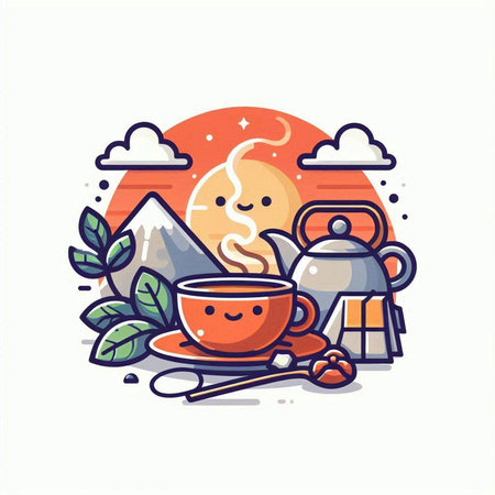 Coffee time concept. Vector flat line art illustration of tea cup, teapot, saucer, wooden spoon, tea strainer, green leaves and mountains on background.のイラスト素材