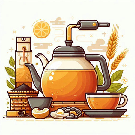 Vector illustration of tea set with teapot, cup of tea, teacup, teapot, bagels and leaves on white background.のイラスト素材