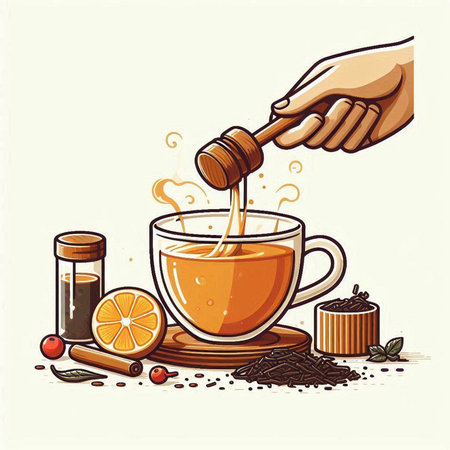 Cup of tea with lemon, cinnamon and spices. Vector illustrationのイラスト素材