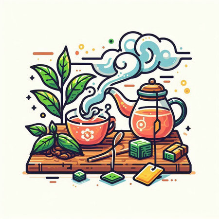 Tea ceremony with teapot, cups, teacups and leaves. Vector illustration.のイラスト素材