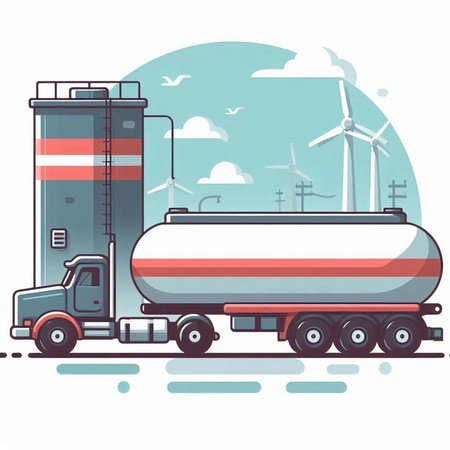 Tanker truck with fuel tank and wind turbines. Vector illustration.のイラスト素材