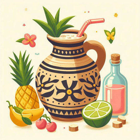 Vector illustration of a jug with a drink and tropical fruits on a light backgroundのイラスト素材