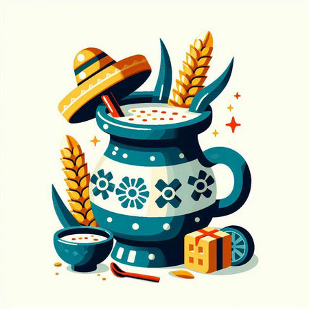 Ceramic teapot with sombrero, corn and cheese. Vector illustrationのイラスト素材