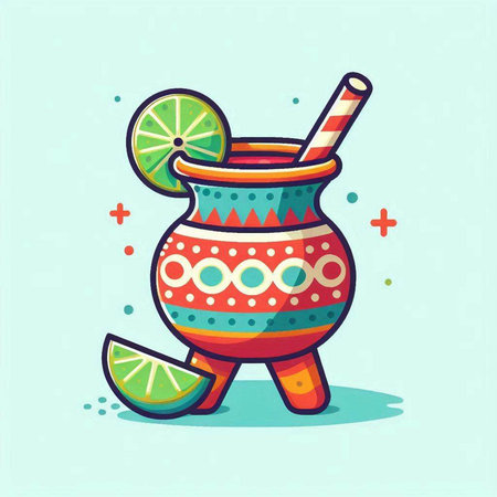 Cocktail with lime and straw. Vector illustration in cartoon style.のイラスト素材
