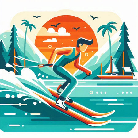 Skier on the background of the sea and mountains. Vector illustration.のイラスト素材
