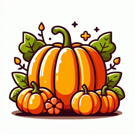 Pumpkin with leaves and flowers on white background. Vector illustration.のイラスト素材
