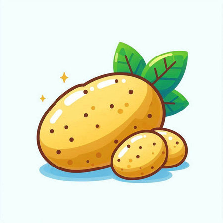 Fresh potato with green leaves isolated on white background. Cartoon vector illustration.のイラスト素材