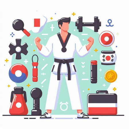 Taekwondo flat vector illustration. Cartoon young man in kimono standing with dumbbells and sport equipment.のイラスト素材