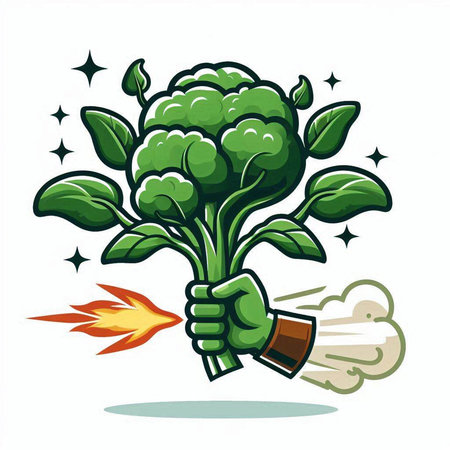 Broccoli with a fire in his hand. Vector cartoon illustration.のイラスト素材