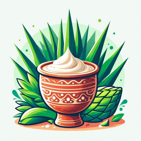 Illustration of a clay bowl with whipped cream on the grass backgroundのイラスト素材