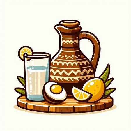Vector illustration of a jug with lemon juice and a glass of milkのイラスト素材