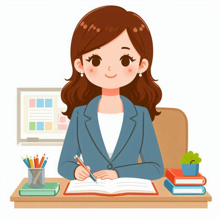 Young businesswoman writing in her notebook at her desk. Vector illustration.のイラスト素材