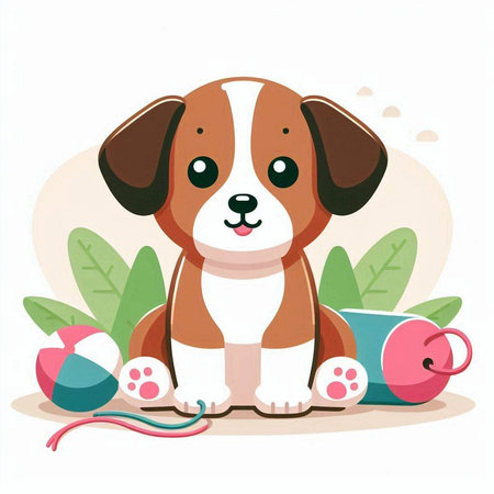 Cute cartoon dog sitting on the floor with toys. Vector illustration.のイラスト素材