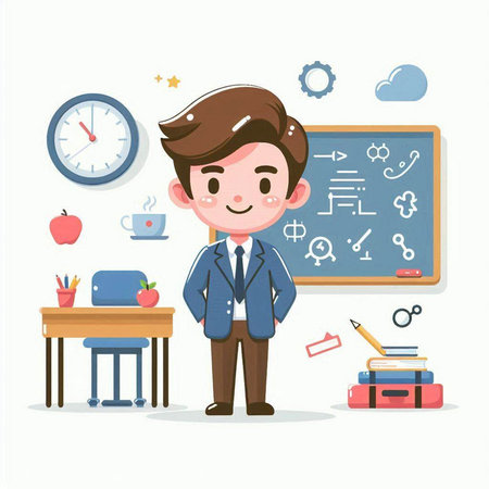 Cute schoolboy in classroom. Vector illustration in cartoon style.のイラスト素材