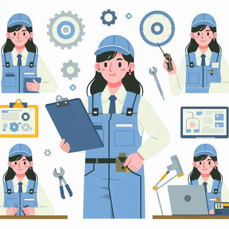 Set of female workers in uniform with different gestures. Vector illustration.のイラスト素材