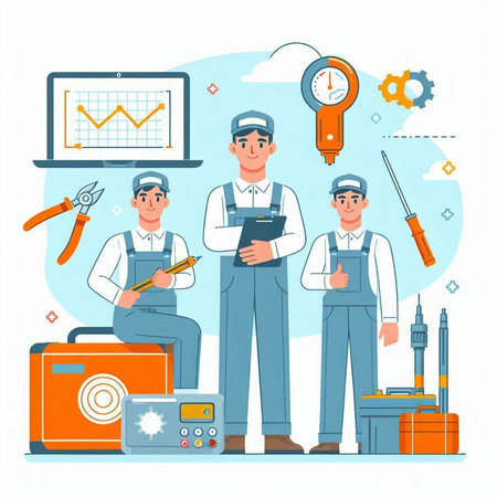 Workers with instruments and tools. Vector illustration in flat style.のイラスト素材