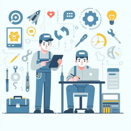 Vector illustration of a flat design of a repairman with a laptopのイラスト素材