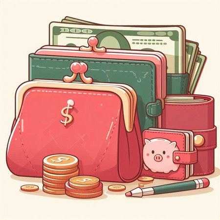 Illustration of a Purse with money, coins and piggy bankのイラスト素材