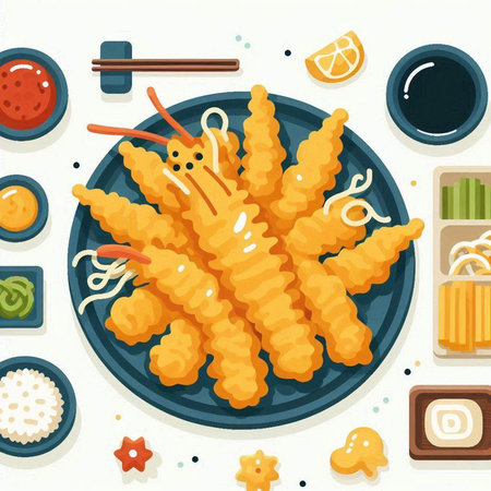 Illustration of japanese tempura with soy sauce and chopsticksのイラスト素材