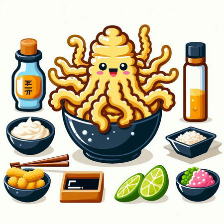 Illustration of japanese cuisine with octopus, ginger, soy sauce, wasabi and limeのイラスト素材