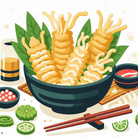 Illustration of fried shrimp in a bowl with chopsticks and soy sauceのイラスト素材