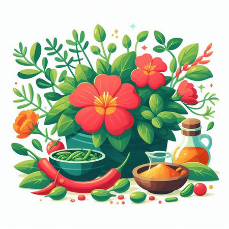 Flowering herbs and spices in mortar and pestle. Vector illustration.のイラスト素材