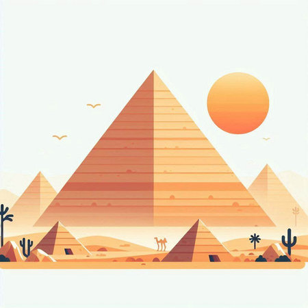Egyptian pyramids and desert landscape. Vector illustration in flat styleのイラスト素材
