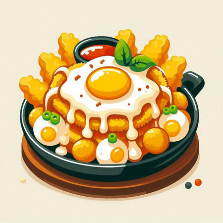 Illustration of fried eggs with sauce in pan. Vector illustration.のイラスト素材