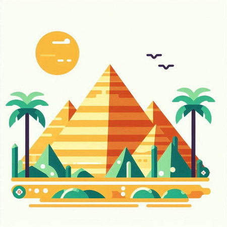 Egyptian pyramids and palm trees. Flat style vector illustration.のイラスト素材
