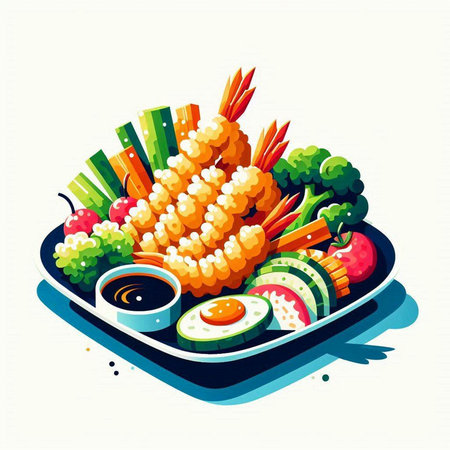 Illustration of Japanese cuisine with vegetables and seafood. Vector illustration.のイラスト素材