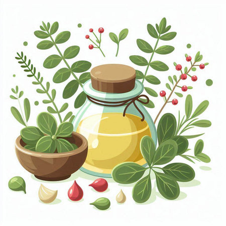 Essential oil in a glass jar with herbs. Vector illustration.のイラスト素材