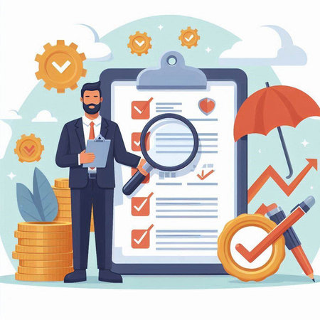 Businessman with clipboard and magnifying glass. Vector illustration in cartoon styleのイラスト素材