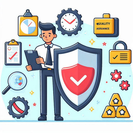 Security and protection concept. Businessman with clipboard and shield. Vector illustrationのイラスト素材