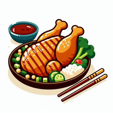 Illustration of a grilled chicken on a plate with chopsticks.のイラスト素材